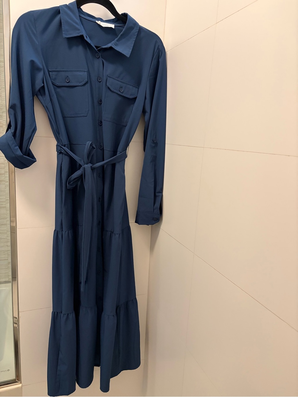 Lucky Brand Navy Button-Front Maxi Shirt Dress with Waist Tie